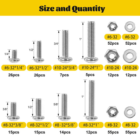 Image showing sizes and quantities of 358 Pcs Machine Screws and Nuts Assortment Kit with #6-32 #8-32 #10-24 Phillips Pan Head Bolts.
