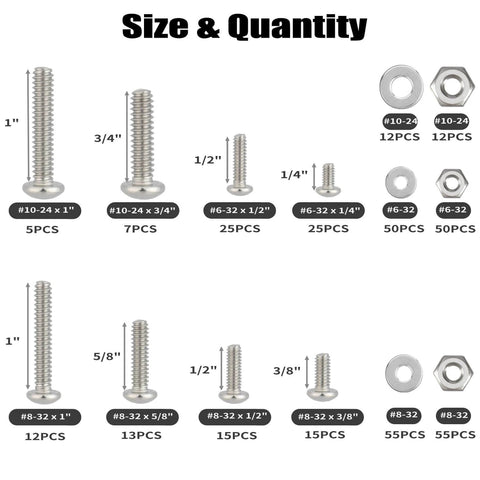 351 Pcs Machine Screws Nuts and Bolts Assortment Kit showing sizes #10-24 and #8-32 with quantities in organized layout.