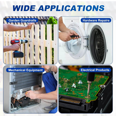 Applications of M2-0.4 x 4mm Flat Torx Head Machine Screws in garden guardrails, hardware repairs, mechanical equipment, electrical products.