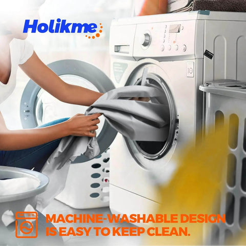 Person loading Holikme branded fabric into washing machine emphasizing machine-washable design.
