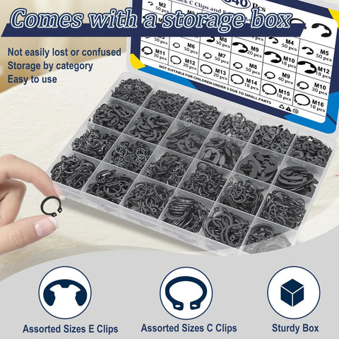 All In One C Clips And E Clips Kit For Machinery And DIY Projects ZQZ 840Pcs in storage box with labeled compartments