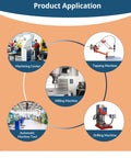 Product application diagram showing machining center, tapping machine, automatic machine tool, milling machine, and drilling machine.