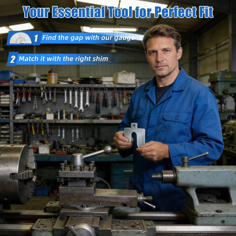 Man in blue coveralls holding a shim in an auto shop, featuring the 96 Piece Slotted Stainless Steel Shim Kit For Leveling And Precision Fit 2X2 Inch Shims With Feeler Gauge And Durable Storage Box Ideal For Furniture Makers Machinists Auto Shops And DIY Pros