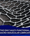 Molecular structure illustration with text highlighting multi-functional, macro-molecular lubricant