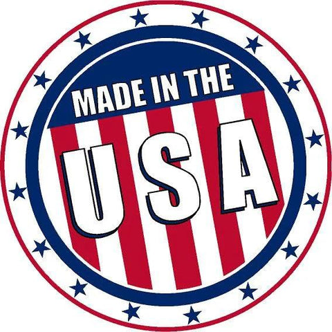 Circular badge with 'Made in the USA' text, featuring red and white stripes and blue stars.