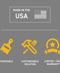 NM2-D Nonmetallic Plastic Raceway feature icons on paintability, customization, and warranty, with 'Made in the USA' label.