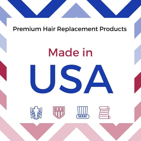 Premium Hair Replacement Products Made in USA label with geometric border and icons