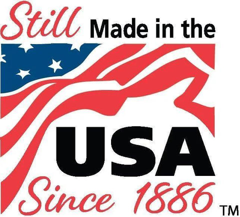 Graphic with text 'Still Made in the USA Since 1886' and American flag design