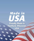Made in USA text with American flag in background, highlighting Hartford, Wisconsin, USA manufacturing location.