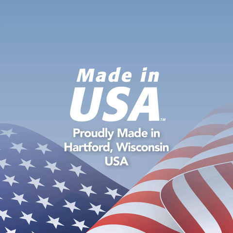 Made in USA text with American flag in background, highlighting Hartford, Wisconsin, USA manufacturing location.