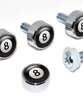 Magic 8 Ball Chrome Plated License Plate Screw Cap Covers Set Of 4, rust-resistant finish, weatherproof, easy snap-on installation.