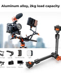 11 Inch Magic Arm Clamp Kit With ARRI One Quarter And Three Eighths Inch Screws, 360 Degree Ball Head, holding camera and accessories