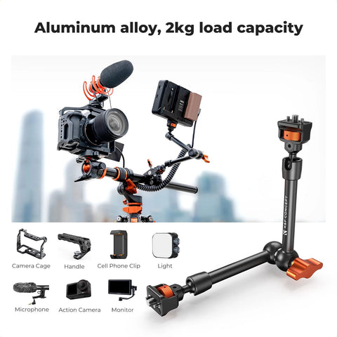 11 Inch Magic Arm Clamp Kit With ARRI One Quarter And Three Eighths Inch Screws, 360 Degree Ball Head, holding camera and accessories