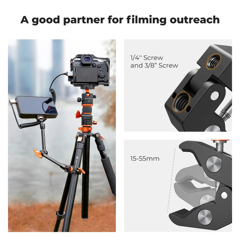 11 Inch Magic Arm Clamp Kit With ARRI One Quarter And Three Eighths Inch Screws, 360 Degree Ball Head on camera setup
