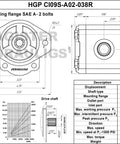 Technical diagram of Magister Hydraulic Gear Pump 9 Tooth Spline Shaft 0.38 CID, 3.29 GPM, CW Rotation, Cast Iron, 3600 PSI, SAE A - 2 Bolts