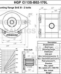 Technical diagram of Magister Hydraulics Gear Pump 13 Tooth Spline Shaft 1.7 CID 5-22 GPM CCW Rotation, 3600 PSI, SAE ports.