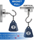 Magnet pull tension demonstration showing horizontal 10 lbs and vertical 30 lbs capacity weights on hooks.