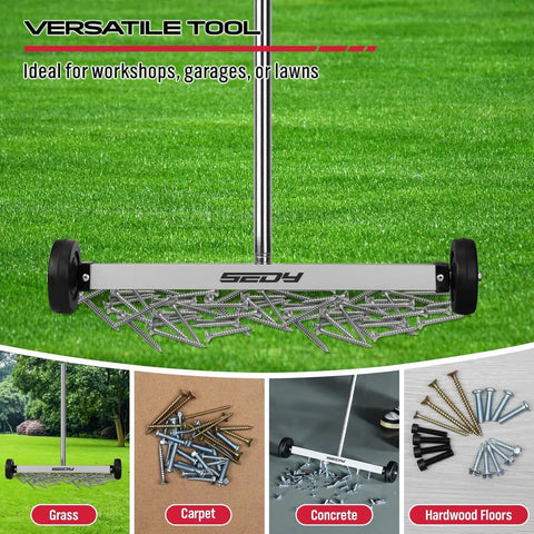 Effortless floor cleanup with a 17 inch heavy-duty magnet sweeper that lifts nails, screws, and ferrous debris; 8.8 lb capacity, telescoping handle shown on grass and concrete with examples of debris.