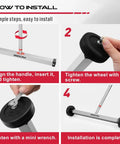 Four-step installation guide for a heavy-duty magnet sweeper showing how to align handle, insert wheels, tighten with screw and wrench.