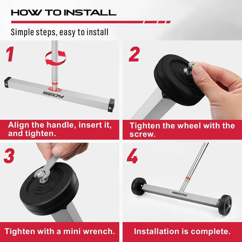Four-step installation guide for a heavy-duty magnet sweeper showing how to align handle, insert wheels, tighten with screw and wrench.