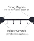 Front view of 6 Hooks Magnetic Utensil Holder Utensil Rack Tool Hanger Organizer for Refrigerator, Metal Cabinet, Metal Stove, Grill, BBQ showing strong magnets and rubber coating.