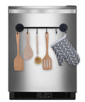 6 Hooks Magnetic Utensil Holder Untensil Rack Tool Hanger Organizer on refrigerator with various wooden utensils and oven mitt