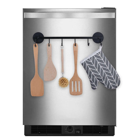 6 Hooks Magnetic Utensil Holder Untensil Rack Tool Hanger Organizer on refrigerator with various wooden utensils and oven mitt