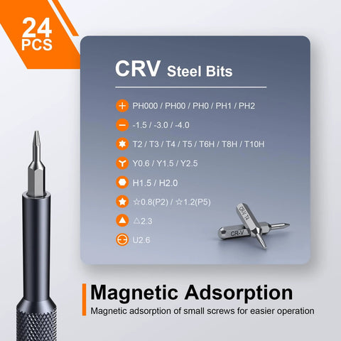 CRV steel bits list for 25 In 1 Precision Screwdriver Set with 24 Bits for MacBook Computers Laptops and other electronics.