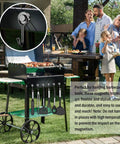 Outdoor barbecue cart with magnetic hooks holding utensils, family gathering in background