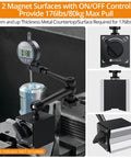 Magnetic Base Stand for Digital Dial Indicator Gauge with dual magnet surfaces and ON/OFF control, suitable for precision machining.