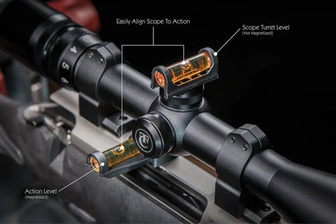 Magnetic Base Scope Leveling Tool For Gunsmithing And Maintenance By Wheeler Engineering installed on rifle scope for alignment