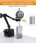 Magnetic Base Stand For Digital Dial Indicator Gauge With Dual Magnet Surfaces showing side view and compatibility details