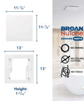 Diagram showing Magnetic Universal CleanCover Bath Fan Replacement Grille dimensions and installation details for Broan NuTone fans.