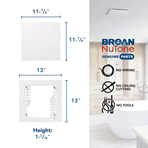 Diagram showing Magnetic Universal CleanCover Bath Fan Replacement Grille dimensions and installation details for Broan NuTone fans.