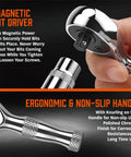 Close-up of Stubby 1/4-Inch Ratchet Wrench Set With 90-Tooth Reversible Drive, Magnetic Bit Driver, chrome alloy handle