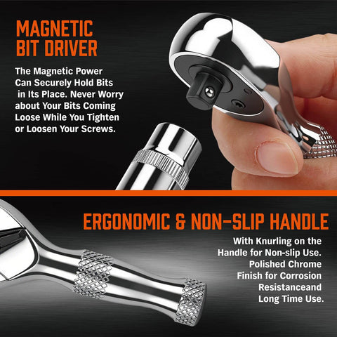 Close-up of Stubby 1/4-Inch Ratchet Wrench Set With 90-Tooth Reversible Drive, Magnetic Bit Driver, chrome alloy handle