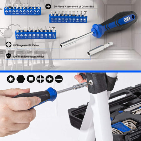 160-Piece Home Repair Tool Kit With Toolbox, Durable Chrome Steel Tools And TPR Grips, includes screwdriver set in blue case