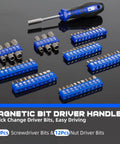 Magnetic bit driver handle with 60 screwdriver bits and 12 nut driver bits on a reflective surface.