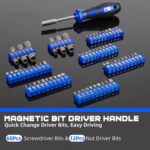 Magnetic bit driver handle with 60 screwdriver bits and 12 nut driver bits on a reflective surface.