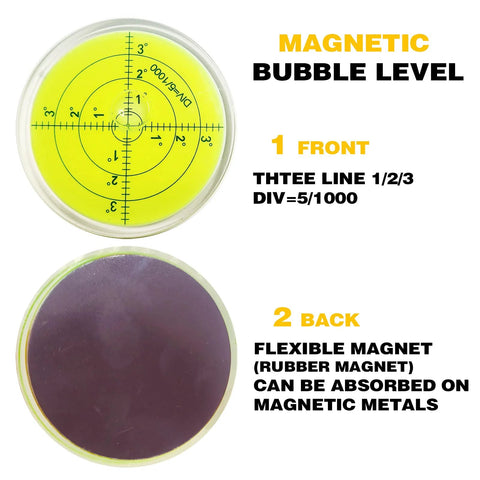 Magnetic Round Bubble Level Tool Pro Grade Bullseye Inclinometer for Machinists and DIY Enthusiasts Pocket 2.4 Inch 60mm front back view