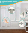Push To Open Cabinet Hardware Magnetic Push Door Latches installed on white cabinet, showcasing operation points.