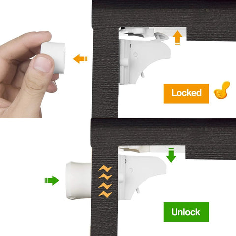 Keep curious kids safe with invisible magnetic cabinet locks that install quickly with 3M adhesive, include 2 keys and strong magnets