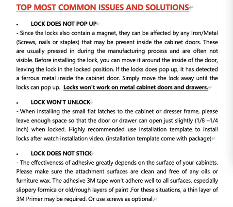 Text instructions detailing common issues with magnetic cabinet locks, including solutions for locks not popping up, unlocking, or sticking.