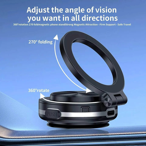 Magnetic Car Phone Mount With 360 Degree Rotation Electric Vacuum No Slip Grip showing adjustable angles and folding feature