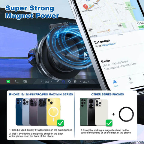 Magnetic Car Phone Mount With 360 Degree Rotation Electric Vacuum No Slip Grip holding smartphone in car with navigation app.