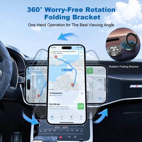 Magnetic Car Phone Mount With 360 Degree Rotation Electric Vacuum No Slip Grip shown in a car with GPS on phone