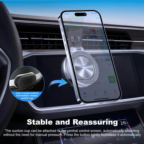 Magnetic Car Phone Mount With 360 Degree Rotation Electric Vacuum No Slip Grip in use on dashboard