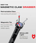 Flexible magnetic claw pickup tool with a bright LED light extends reach, features a 4-Finger retractable claw, and 5lb pull strength to grab small parts from tight spots, drains, or under appliances with ease.