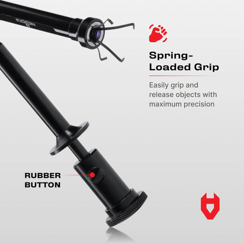 Close-up of a flexible magnetic claw pickup tool with a bright LED light, showing the 4-Finger retractable claw and rubber button