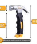 Compact 8oz magnetic claw nail hammer with ergonomic non-slip handle, rust-resistant carbon steel construction, dimensions shown.